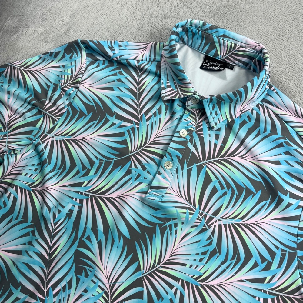 Sunday Swagger Mens Tropical Palm Leaf Golf Polo Shirt‎ Blue Pink Large